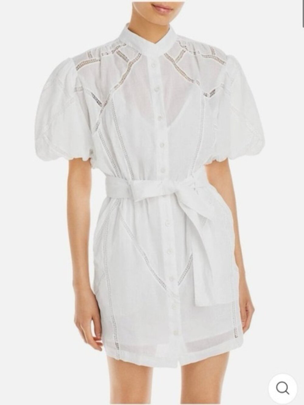 Frame Inset Lace Puff Sleeve Button Front Dress White Blanc Size: Small
